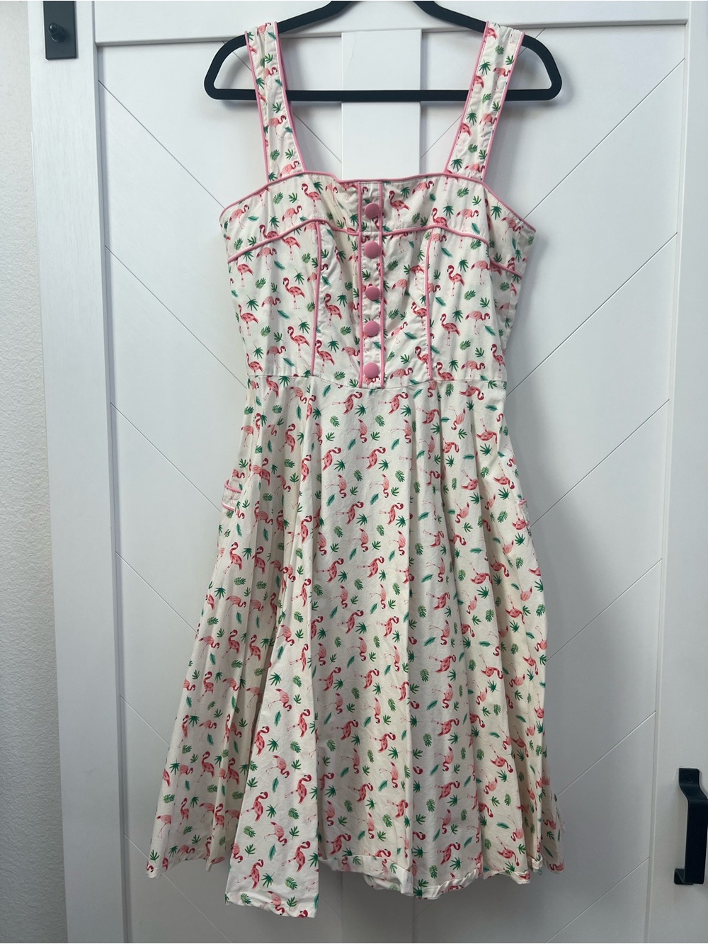 Amore Pin Up - Cream Flamingo Print Midi Dress with Pink Trim